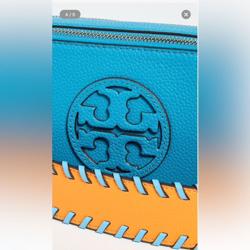 Tory Burch Turquoise Leather Camera Bag with Orange Strap - Picture 4 of 5